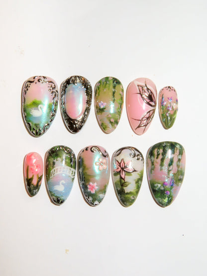 Set of decorative garden fairy nail art on a white background